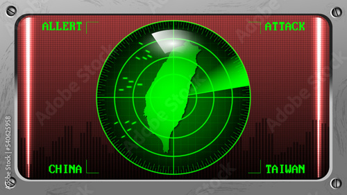 Vector panel with round green radar and Taiwan map. Military device with a bright screen and glare