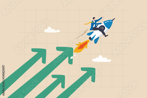 Financial growth, innovation boost profit or sales, increase investment earning or stock market rising up, growing business for success concept, businessman riding rocket booster with growth arrow.
