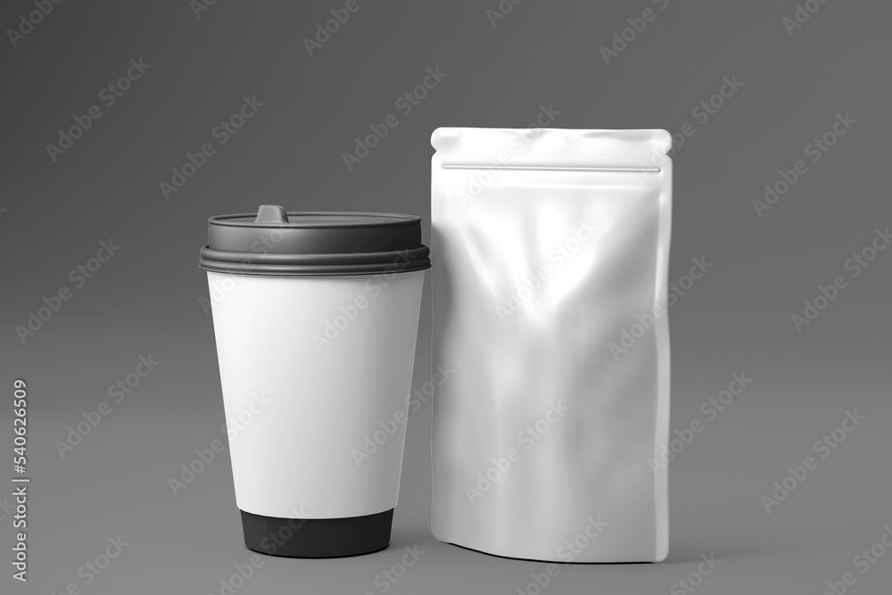 Cup and Stand Up Pouch Sachet Bag Packaging. Illustration Isolated On Dark Background. Mock Up, Mockup Template Ready For Your Design. 3d rendering Cup and Stand Up Pouch Sachet Bag Packaging. Illustration Isolated On Dark Background. Mock Up, Mockup Template Ready For Your Design. 3d rendering