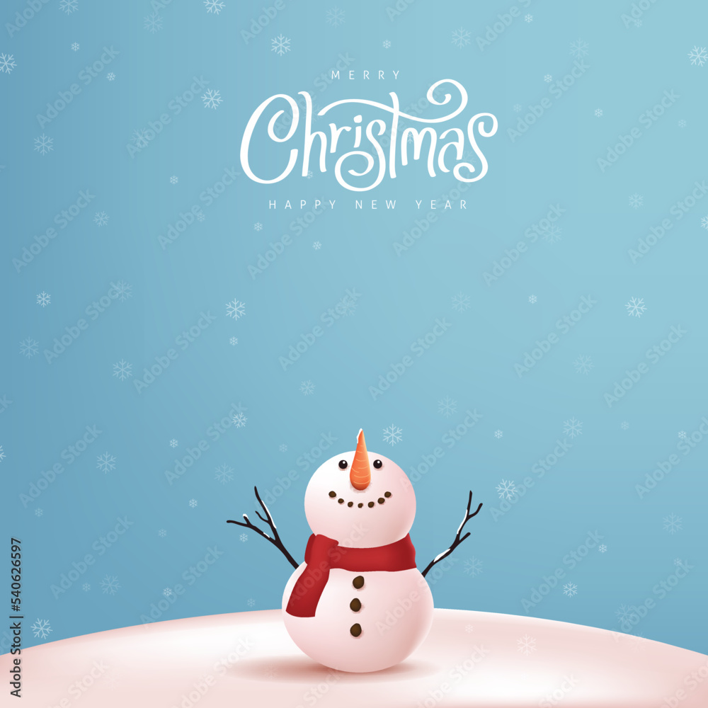 Christmas and happy new year greeting card with copy-space and Cute snowman standing in winter christmas landscape snow falling