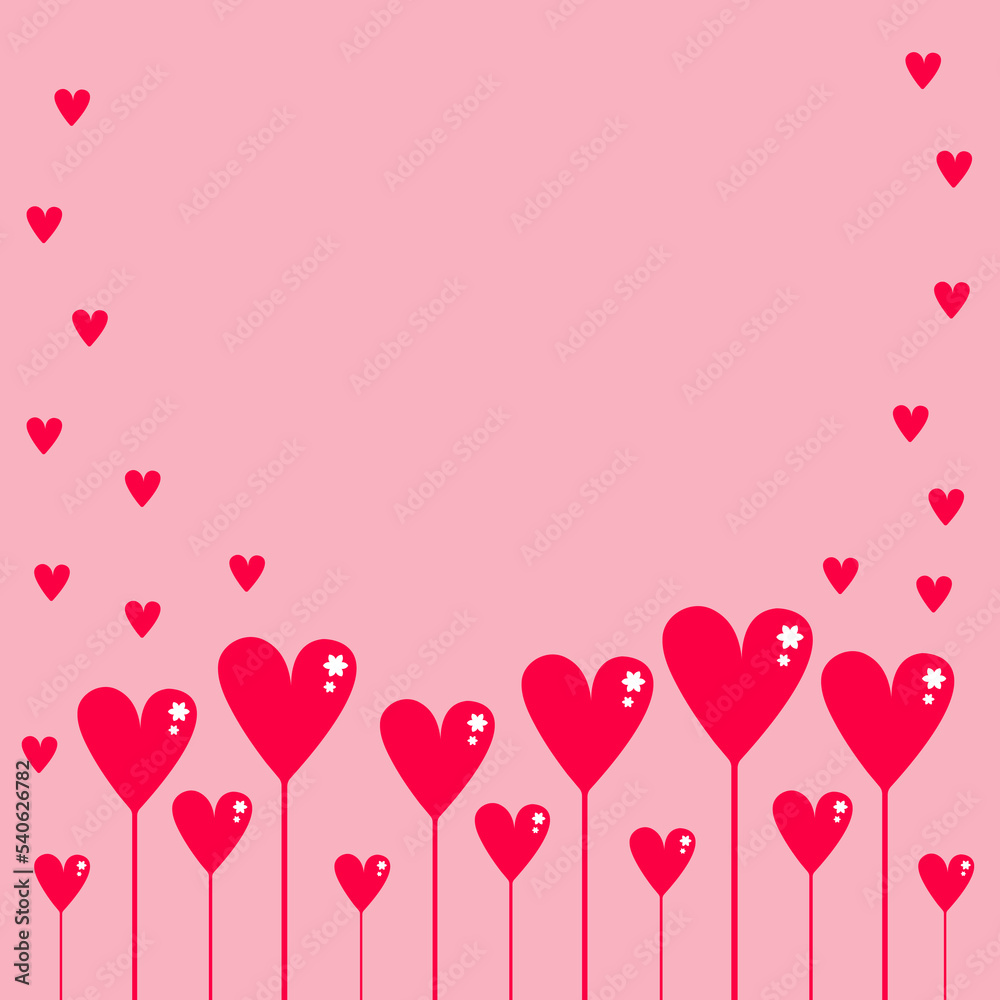 Red decorative hearts stuck on pink background with copy space. Happy Valentine's Day celebration