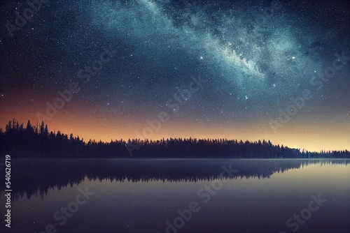 Fotografia Clear milky way rising over calm sea water and forest landscape
