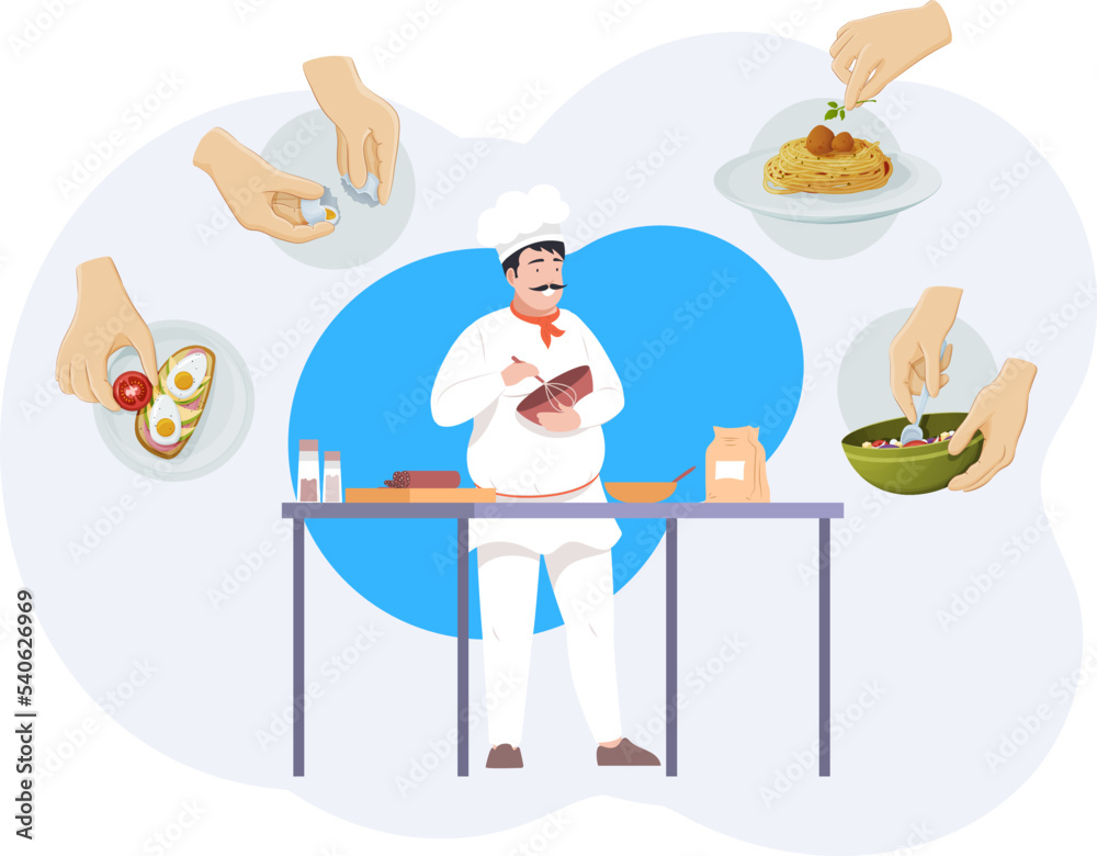 Cheerful male chef character cooking tasty meal set. Professional cook in uniform preparing dishes. Hands of kitchener cutting vegetables, pour oil, prepare a sandwich, stir a salad cartoon vector Cheerful male chef character cooking tasty meal set. Professional cook in uniform preparing dishes. Hands of kitchener cutting vegetables, pour oil, prepare a sandwich, stir a salad cartoon vector