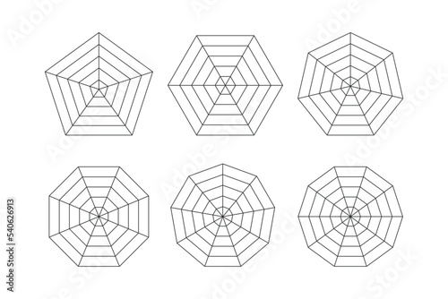 Radar or spider diagram template. Flat spider mesh. Blank radar charts. Pentagon and hexagon graphs. Kiviat diagram for statistic and analitic. Vector illustration isolated on white background.