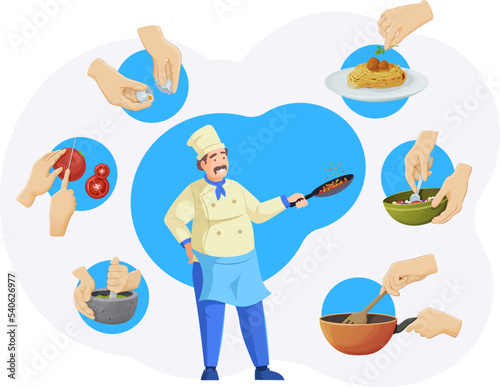Cheerful male chef character cooking tasty meal set. Professional cook in uniform preparing dishes. Hands of kitchener cutting vegetables, pour oil, put bay leaf, pepper food