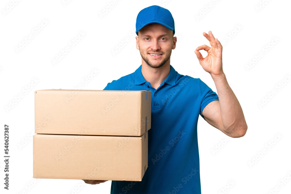Delivery caucasian man over isolated background showing ok sign with fingers Delivery caucasian man over isolated background showing ok sign with fingers