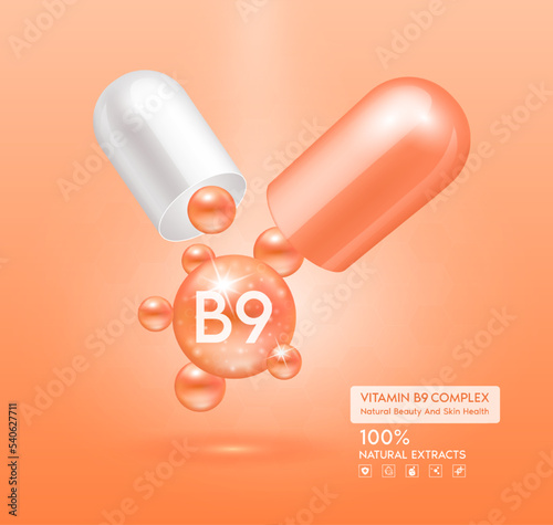 Vitamin B9 orange capsule. Treatment with vitamins complex collagen skincare beauty. Health supplement anti aging. Cosmetic beauty product design. 3D Realistic on pink background. Vector EPS10.