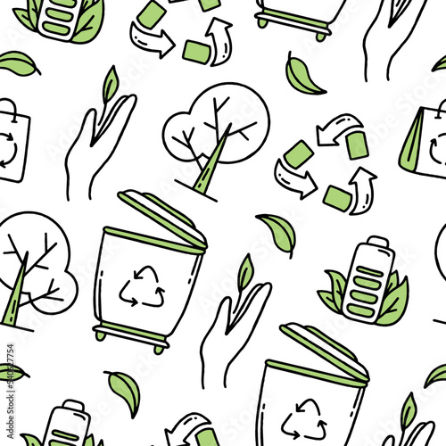 Seamless pattern. Recycling. Separation of garbage. Co2 concept of climate change. Vector isolated doodle