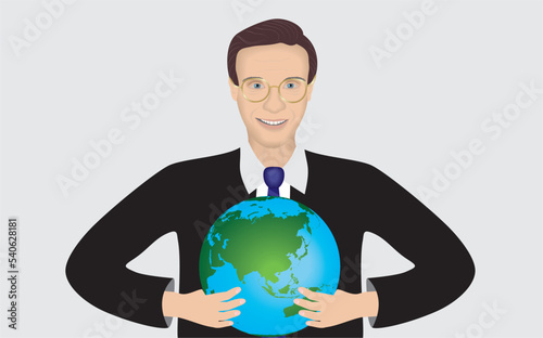 Man holding globe, planet earth between his hands. Isolated on gray. Vector illustration. photo