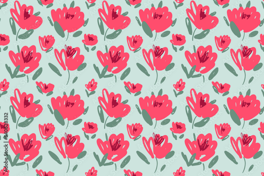 Hand drawn abstract flowers pattern. Floral seamless background design with blooming buds. Vector illustration for wrapping paper, wallpaper, fabric print, interior decor