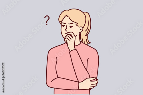 Pensive young woman feeling confused thinking of problem solution. Thoughtful girl frustrated and distressed making decision or plan. Vector illustration. 