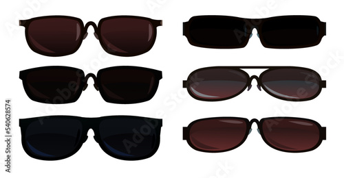 Set Sunglasses for protection from the sun. Summer glasses. Tinted optics for better visibility. Object isolated on white background. Vector