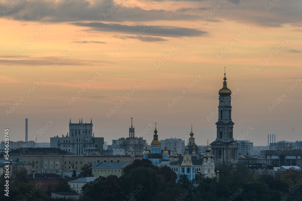 Panorama of the central part of Kharkiv with the Dormition Cathedral in center of Kharkiv, Ukraine, September 30, 2022