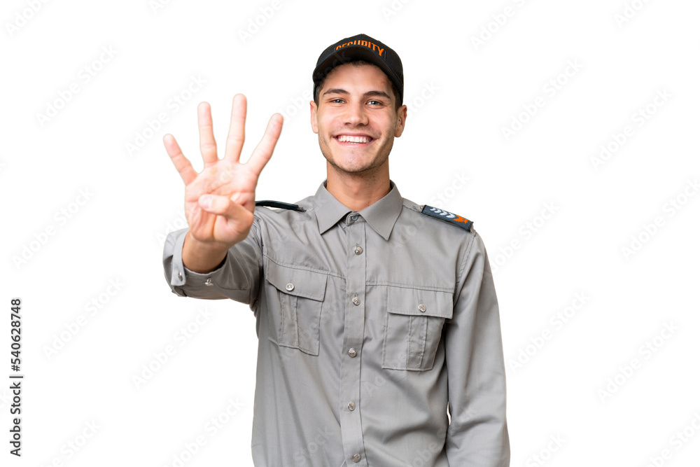 Young security man over isolated background happy and counting four with fingers Young security man over isolated background happy and counting four with fingers