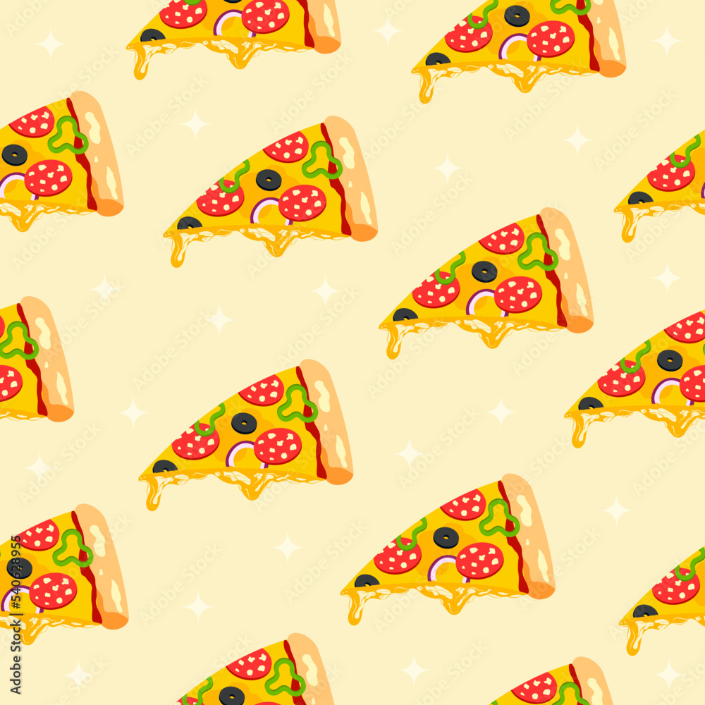 Seamless pattern with a piece of hot pizza with stretching cheese on a yellow background. It can be used in print for cafe, restaurant, fast food Seamless pattern with a piece of hot pizza with stretching cheese on a yellow background. It can be used in print for cafe, restaurant, fast food