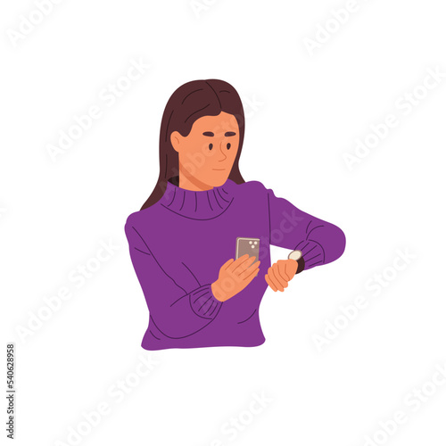 Girl waiting for phone call or message. Angry young woman looking on watches and smartphone. Color flat vector illustration isolated on white background