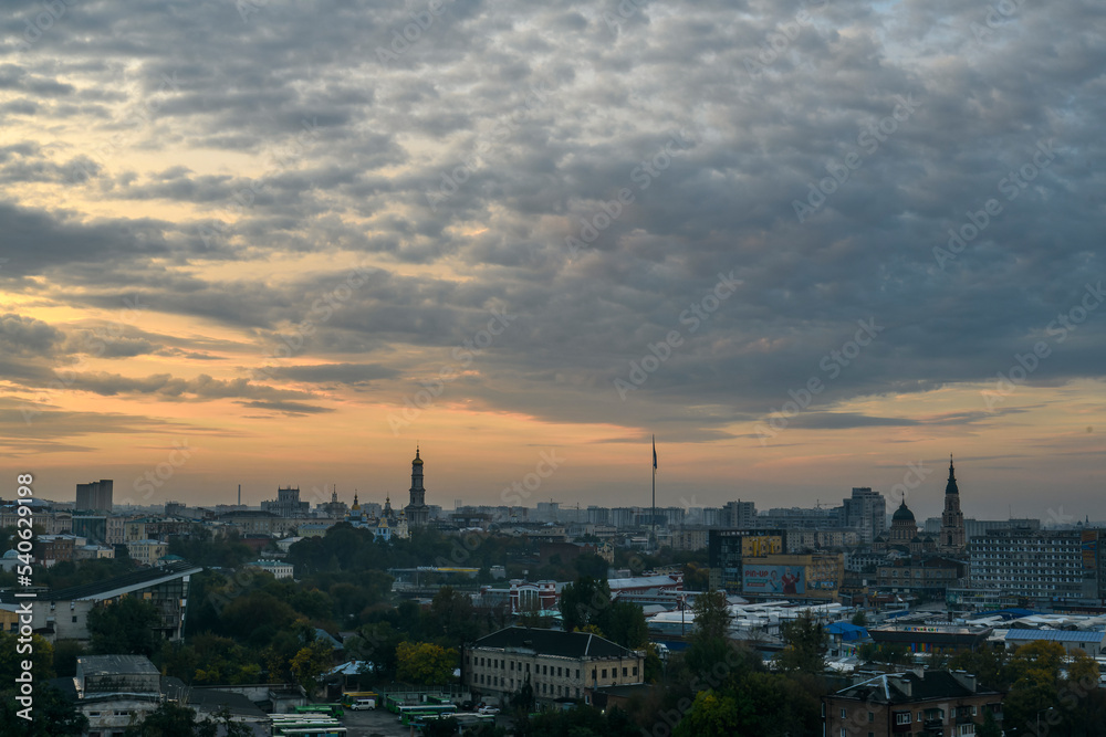 Fototapeta premium Panorama of the central part of Kharkiv with the Dormition Cathedral in center of Kharkiv, Ukraine, September 30, 2022