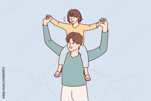 Young smiling father with excited child on back walking together outdoors. Happy loving dad playing with little kid enjoy time together. Vector illustration. 