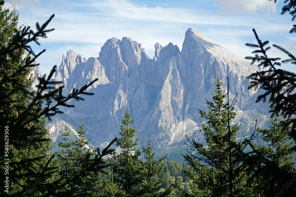 Framed shot: majestic mountain view in the dolomites. distinctive sassolungo mountain group at gardena valley in south tyrol. holiday and travel concept