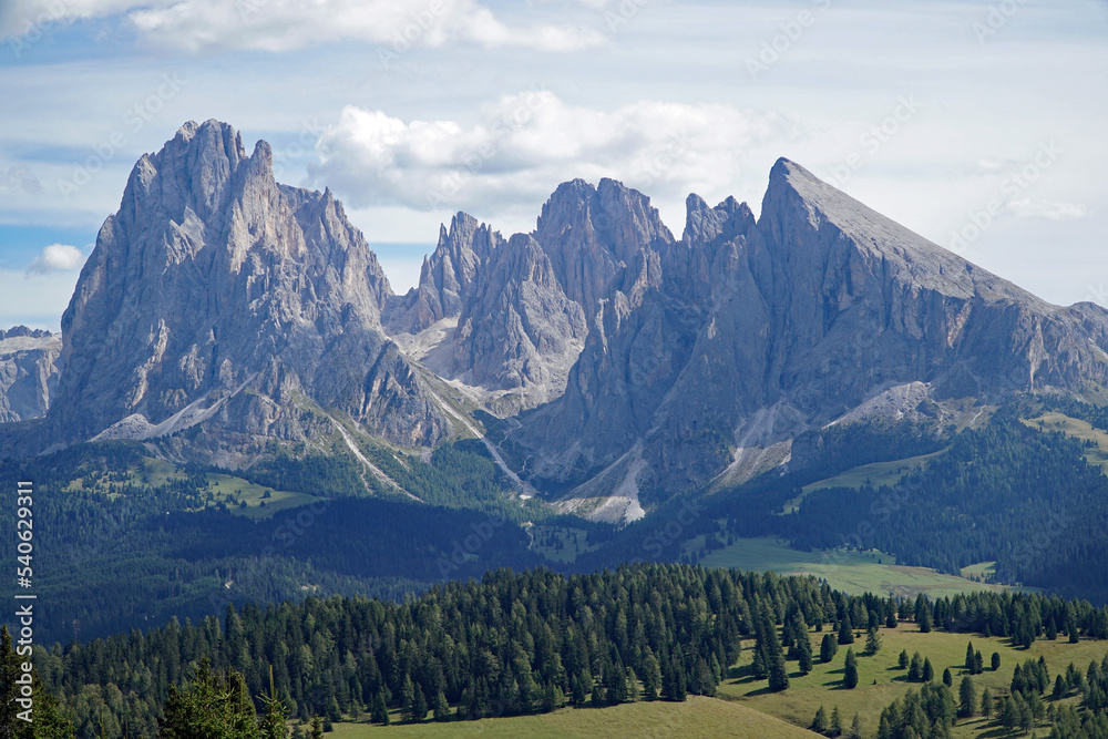 Majestic mountain view in the dolomites: Distinctive Sassolungo mountain group at gardena valley in south tyrol. 