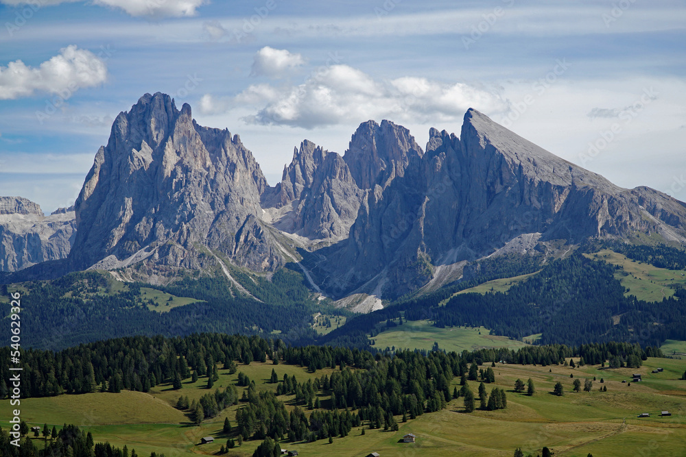 Awesome mountain view in the dolomites: Distinctive Sassolungo mountain group at gardena valley in south tyrol. 