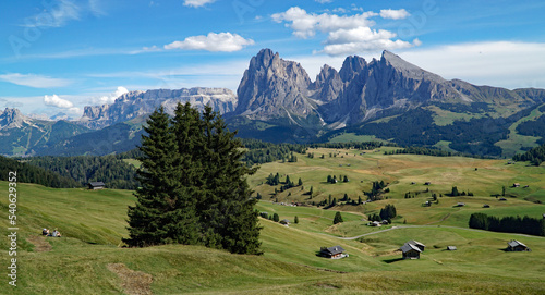 Majestic mountain view in the dolomites: Distinctive Sassolungo mountain group at gardena valley in south tyrol. 
