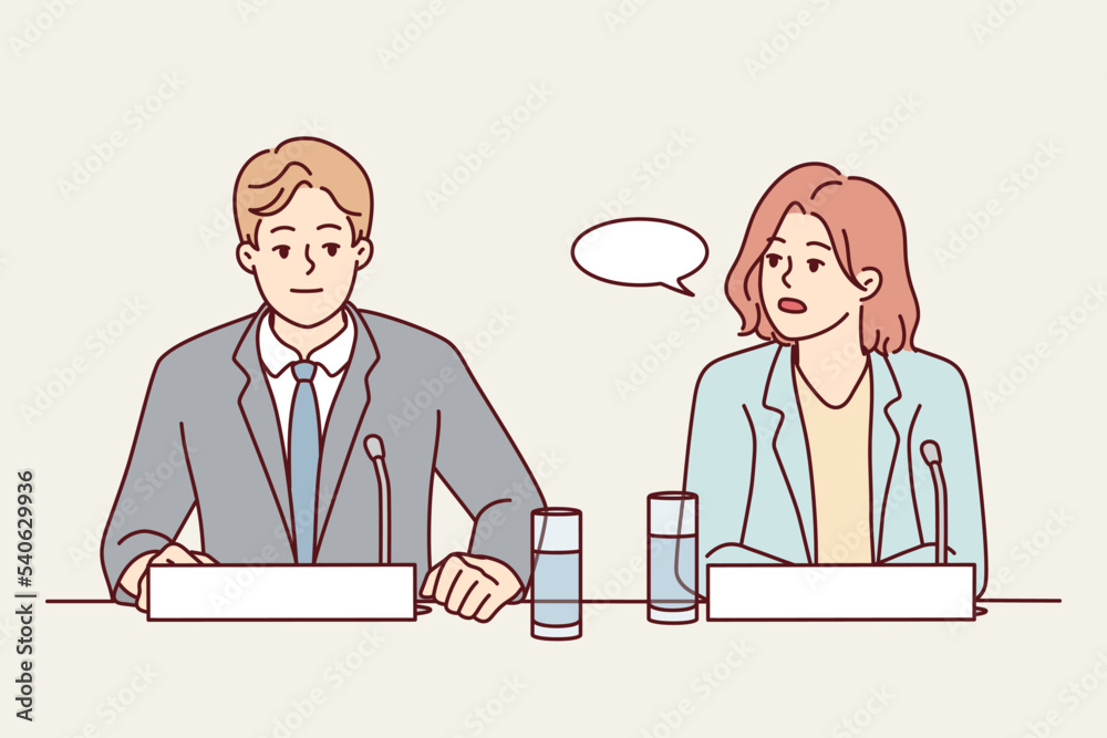 Businesspeople sit at desk at meeting speak in microphones. Employees at conference making speech. Business and briefing. Vector illustration. Businesspeople sit at desk at meeting speak in microphones. Employees at conference making speech. Business and briefing. Vector illustration.