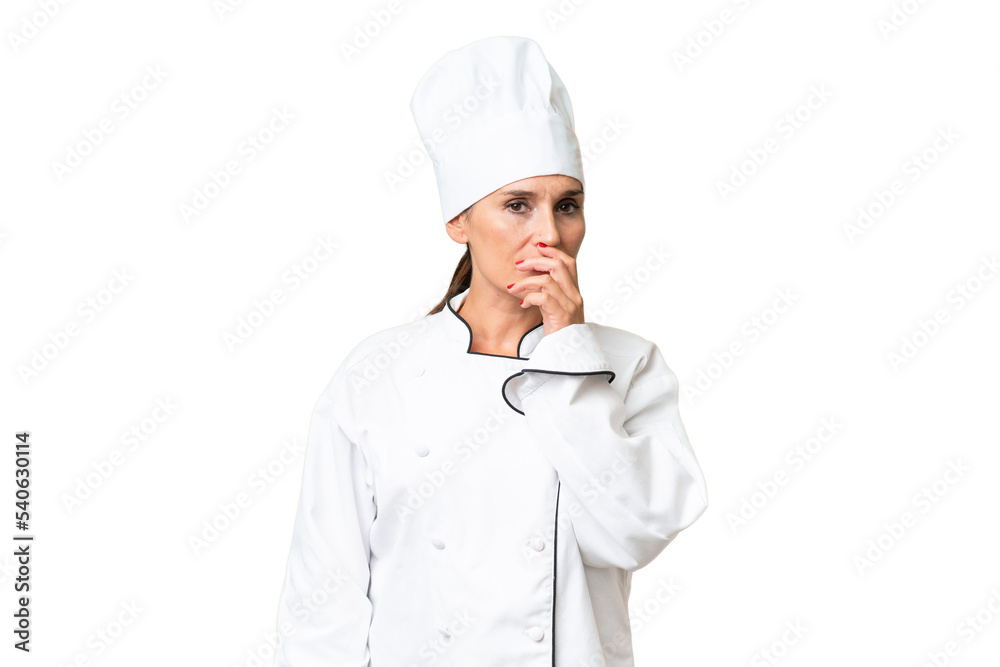 Middle-aged chef woman over isolated background having doubts and with confuse face expression Middle-aged chef woman over isolated background having doubts and with confuse face expression