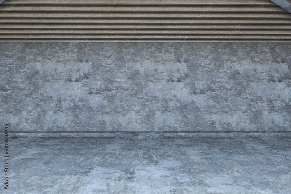 Fototapeta premium Blank grey wall background with space for your poster or advertising campaign board in empty hall with stone floor. 3D rendering, mock up