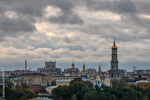 Panorama of the central part of Kharkiv with the Dormition Cathedral in center of Kharkiv  Ukraine  October 2022
