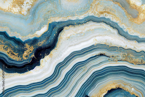 abstract background, white and blue marble with gold glitter veins, fake stone texture, painted artificial marbled surface. Fluid Art. 3D rendering