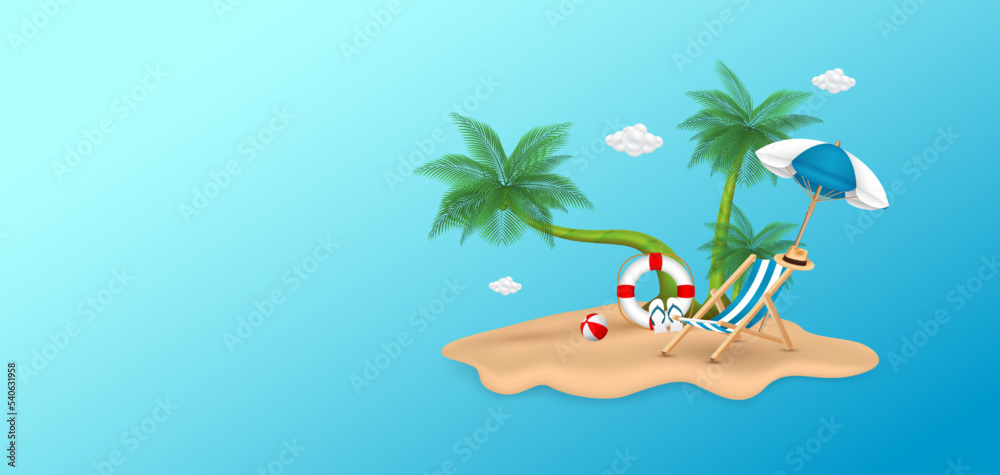 Deck chair sitting and Beach umbrella on sand pile the beach with coconut tree, Cloud floating in mid air. Ad template banner for making ad media about tourism. Summer travel concept. 3D Vector.