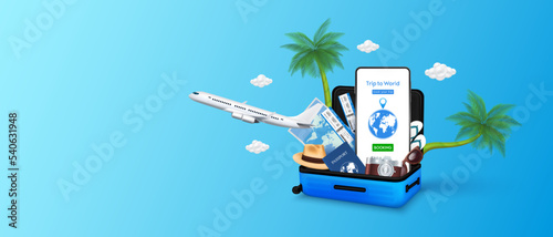 Travel equipment in luggage yellow and touch screen smartphone. Booking plane ticket for app online on mobile. Banner for making advertising media about tourism. Travel transport concept. 3D Vector.