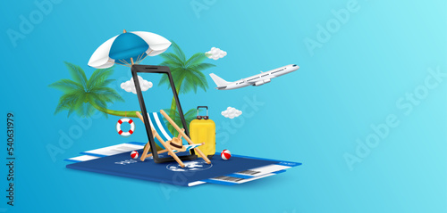 Print op canvas Deck chair sitting Beach umbrella in smartphone and coconut tree with travel suitcase on passport air ticket