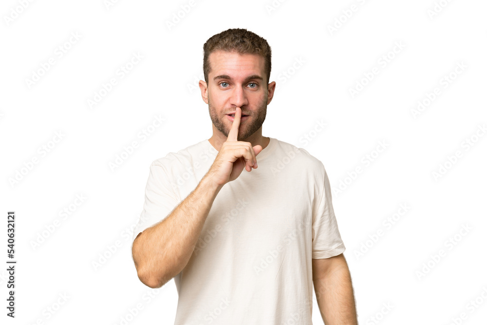 Young handsome caucasian man isolated on green chroma background showing a sign of silence gesture putting finger in mouth Young handsome caucasian man isolated on green chroma background showing a sign of silence gesture putting finger in mouth