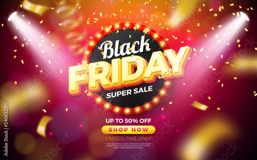Black Friday Sale Illustration with Glowing Light Bulb Billboard and Falling Confetti on Shiny Red Background. Vector New Year and Christmas Design Template for Greeting Card, Flyer, Banner