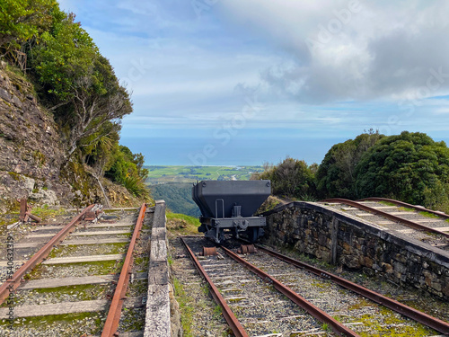 Denniston Plateau historic coal mine railway wagon at the top of the incline brakehead, West Coast, New Zealand