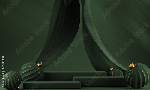 3D abstract Christmas dark background with green Christmas ornaments