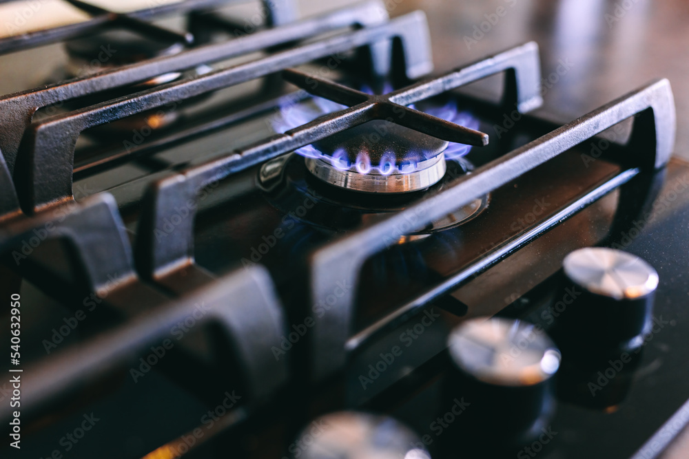Gas flames burning on kitchen stove top Gas flames burning on kitchen stove top