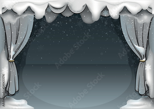 Winter Snowy Theater Stage with Snowflakes as Christmas Background - Colored Cartoon Illustration, Vector