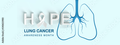 Hope word with white ribbon and Lung line shape on light blue background, Banner for Lung Cancer Awareness Month or World Lung Cancer Day concept