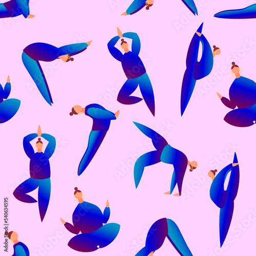 Seamless pattern with women in blue clothes do yoga. Concept of balance, healthy lifestyle, sports, harmony