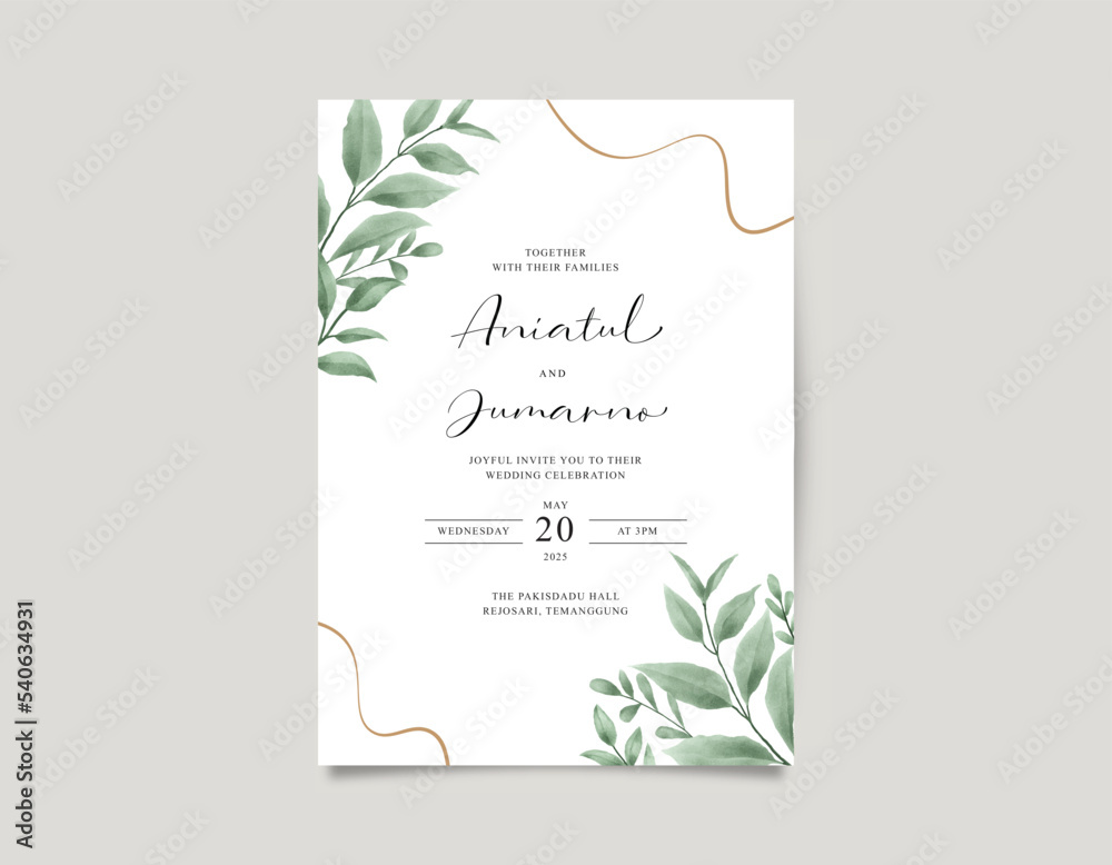 Wedding card template set with green leaves