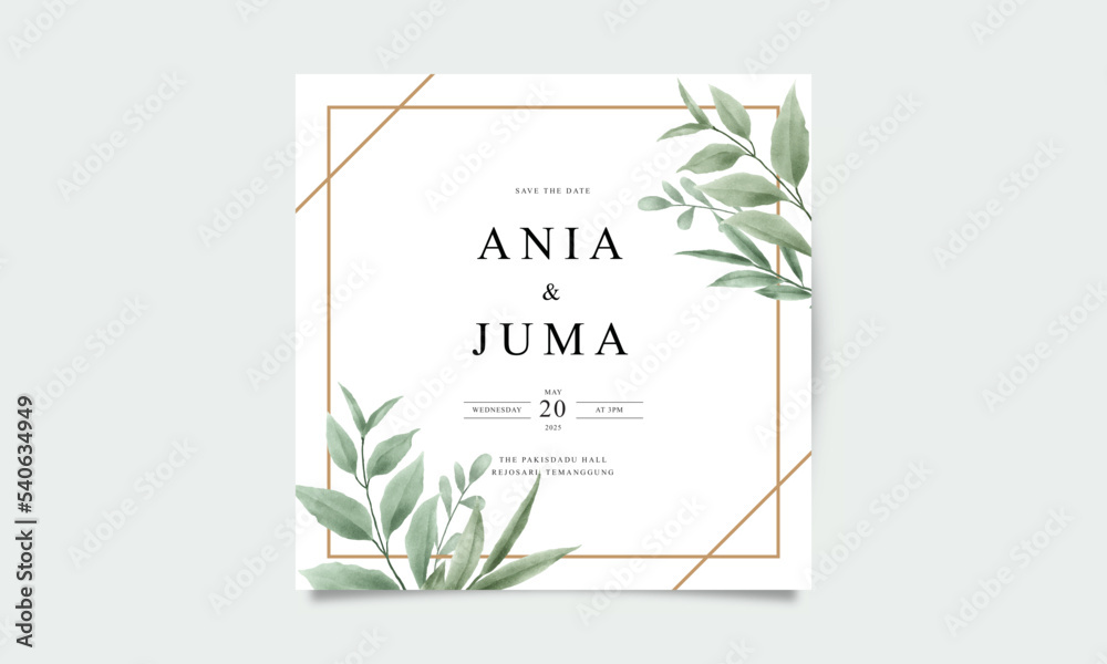 Wedding invitation card template with green leaves