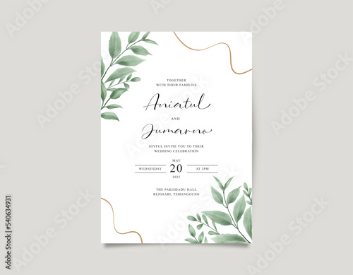 Wedding card template set with green leaves