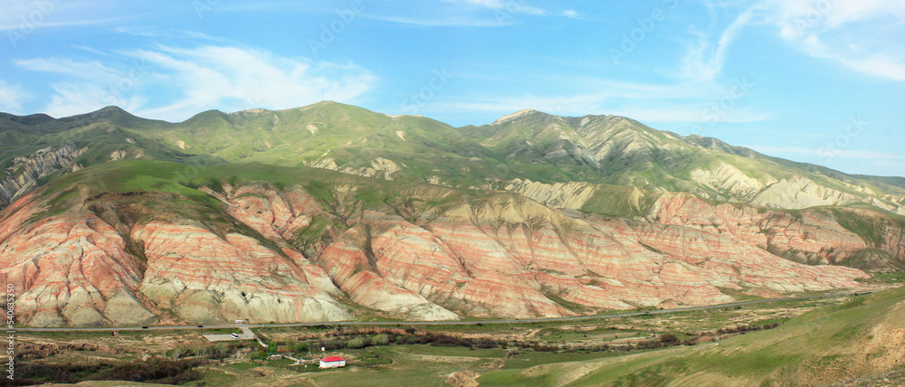 Mountains with red stripes. Khizi region. Azerbaijan.