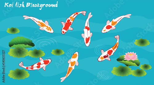 Koi carps in water, among graphic lotuses on a light blue,  background. Repeating square design for fabric and wallpaper. Vector illustration.Koi Fish Painting. © SIRAPOB