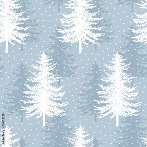 Christmas tree seamless vector pattern. Watercolor Noel firs print, winter frozen pine trees on blue background, wallpaper, wrapping paper design