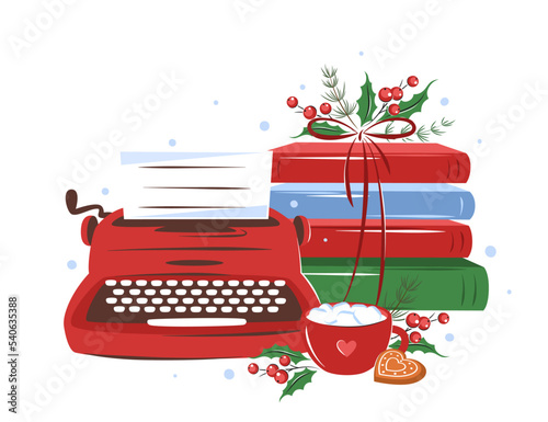 Vintage typewriter, books, cup cocoa with winter decoration. Design elements for bookstore, festival or advertising. Vector illustration