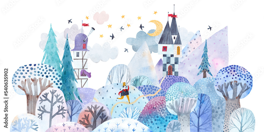 custom made wallpaper toronto digitalWinter landscape. Watercolor illustration. Children's poster. Fairytale winter landscape.